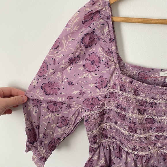 American Eagle Purple Boho Floral Peplum Smocked Blouse Women's Junior Large - Picture 3 of 4